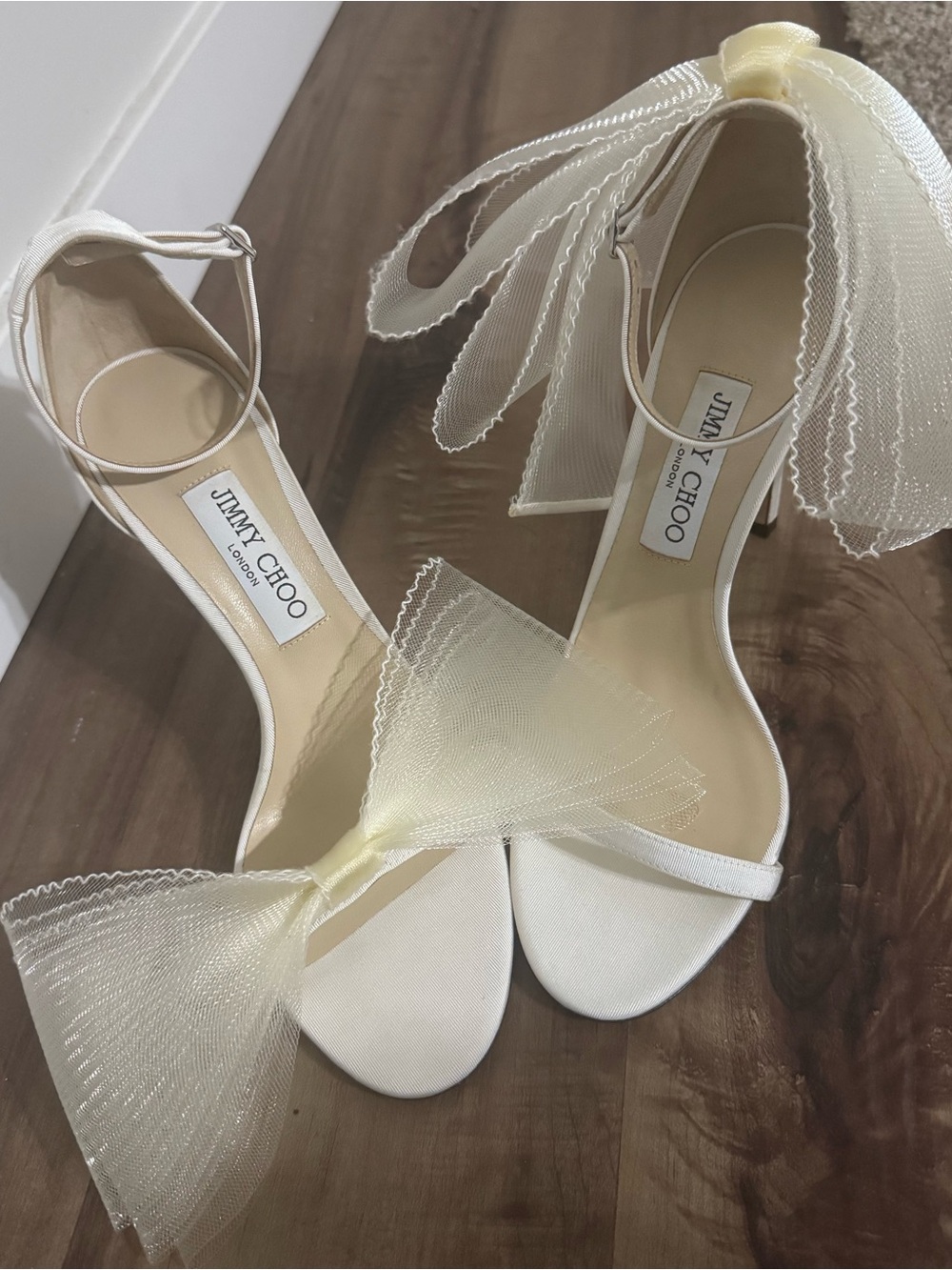 Jimmy Choo Ivory Satin Bow Ankle-Strap Heels
